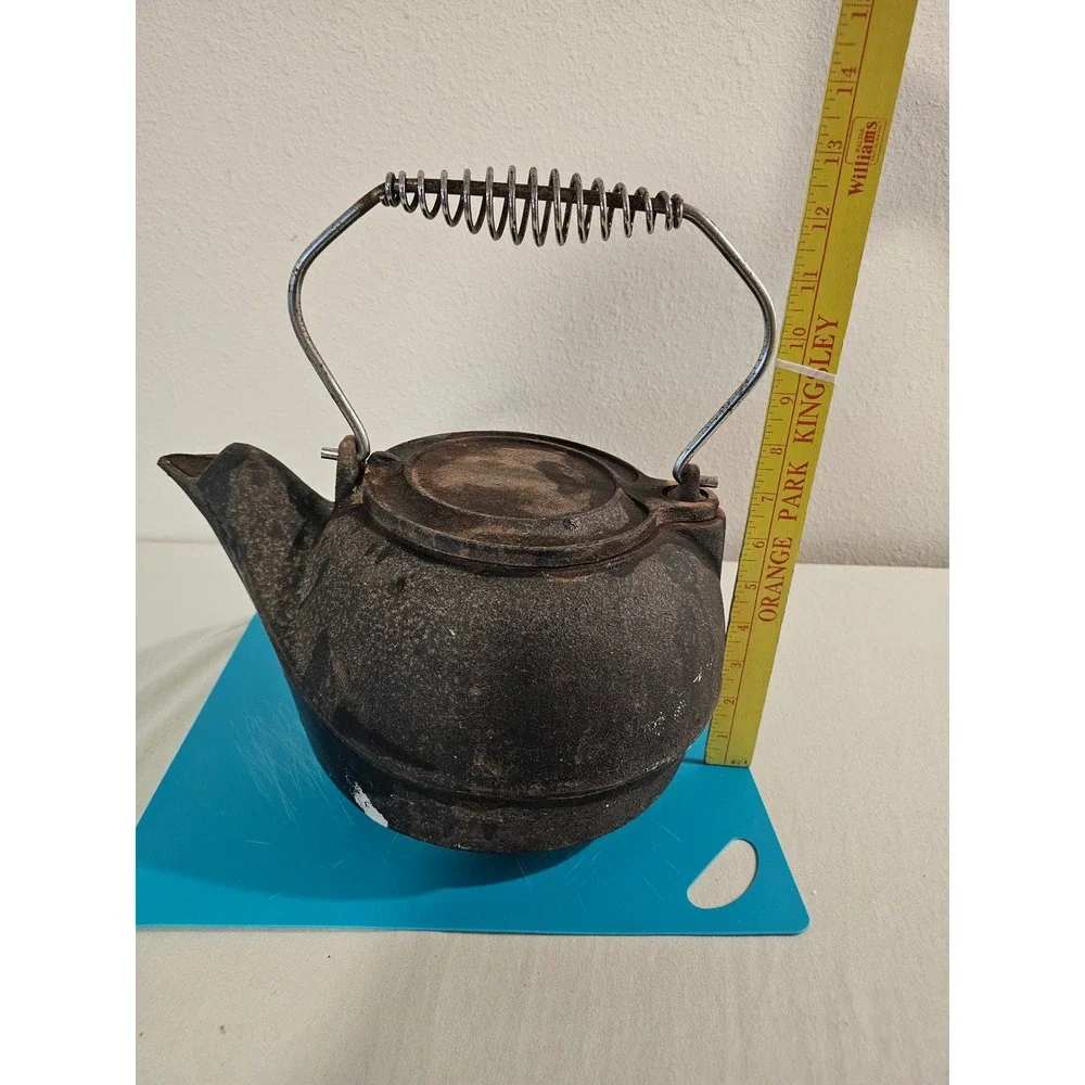 Cast Iron Tea Kettle Black Metal Swivel Lid Vintage Style